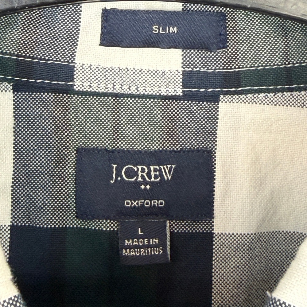 J.Crew OXFORD Mens L Cotton Slim Navy Green White Buffalo Check Plaid C4283 - Picture 2 of 9